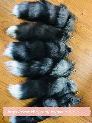 20  Natural Silver Fox Tail Real Fur Tail Keychain Cosplay Toy Game Bag Pendant • $10.30
