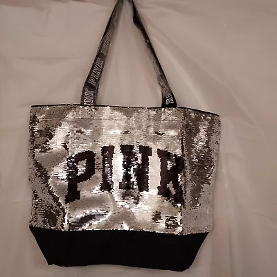 Victoria's Secret PINK Flip Sequin Bling Tote Bag Silver/Gold/Black  • $18.99