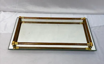 Vintage Mirrored Glass Vanity Dresser Tray WOOD Rod Rails  14 X8  • $24