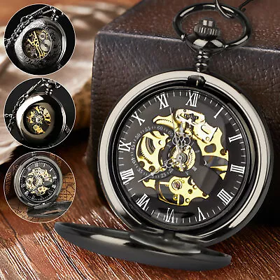 Men's Pocket Watch Mechanical Black Steampunk Skeleton Retro Chain Luxury Dial • $19.98