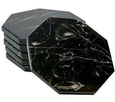 Set Of 6 - Black Marble Stone Coasters Octagonal Polished Coasters – 3.5 Inch... • $30