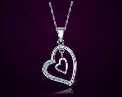 Double Heart Pendant 925 Sterling Silver Necklace Chain Women's Jewellery UK • £3.45