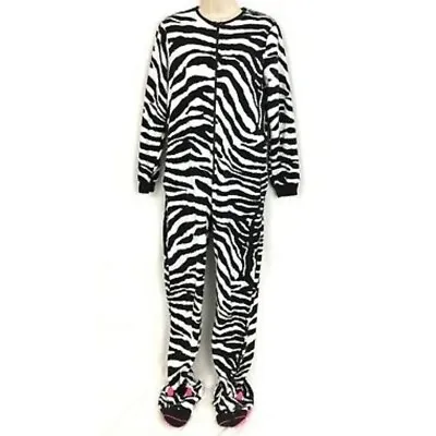 Nick & Nora One Piece FOOTED Pajama Sz L Fleece Pockets Zipper  ZEBRA Jump Suit • £24.09