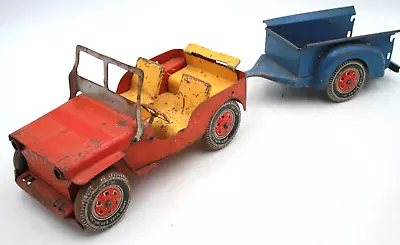 Vintage 1950's Louis Marx & Co. Willy's Jeep + Sidestep Trailer Pressed Steel • $99