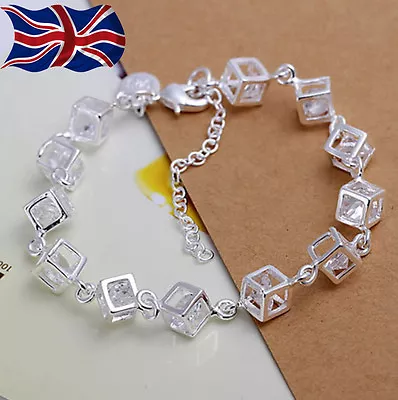 925 Sterling Silver Plated Cube Bracelet Chain Link Sparkly Crystal Gift Bag UK • £4.49