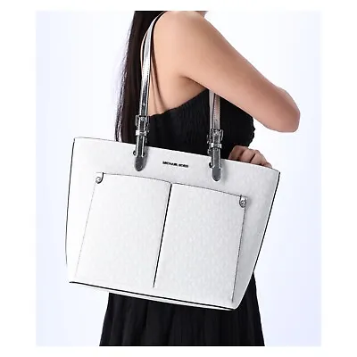 Michael Kors Jet Set Travel Medium Double Pocket Tote Vegan Leather White MK • $116