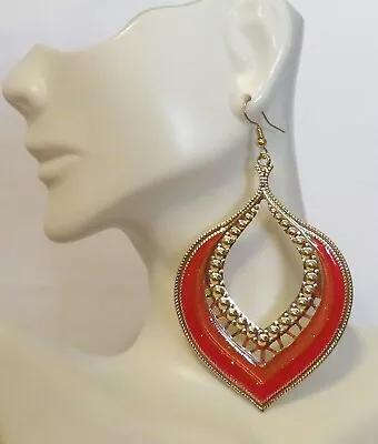 Moroccan Red Enameled Gold Filigree Large Lightweight Leaf 3  Drop Hook Earrings • $7.29