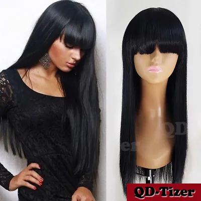 $20.40 • Buy Long Silky Straight Black Wig Heat Resistant Synthetic Wigs With Bangs Cosplay 