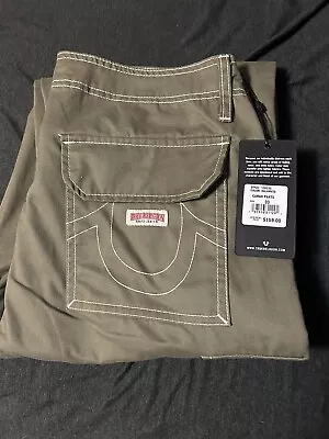 True Religion Pants Mens Sz 33 Green Military Cargo Relaxed Contrast Stitching • $59.99