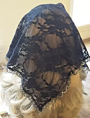 Lace Chapel Veil Handmade Small Black With Gold Trim Catholic Mass Mantilla • $17