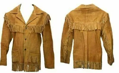 Men Native American Cowboy Western Suede Leather Jacket Coat Fringes Bones Beads • $59.99
