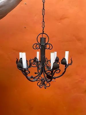 Vintage Spanish Revival Wrought Iron Chandelier Hanging Ceiling Light Gothic Mcm • $199.99