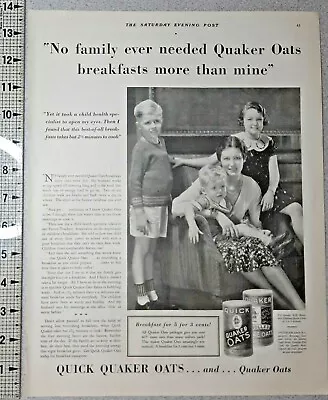 1931 Quaker Oats Vintage Print Ad Quick Oatmeal Breakfast Mother Kids Baby B&W • $7.05