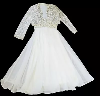 Vtg 50's White Goddess Dress Gown Organza Sleveless Beading Sequins Costume Sz 6 • $129