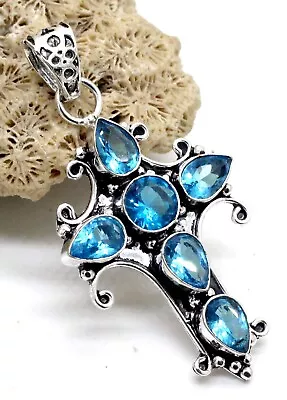 925 Sterling Silver Swiss Blue Topaz Gemstone Jewelry Cross Pendant Size-2 • $14.53