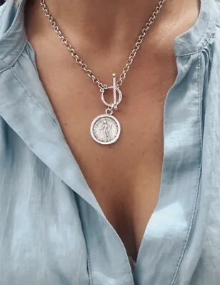 £25 • Buy Matte Silver Toggle Clasp Medallion Necklace - Ancient Greek Coin Soverign Chain