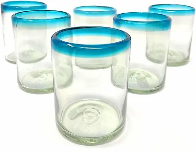 Hand Blown Mexican Drinking Glasses – Set Of 6 Tumbler Glasses With Aqua Blue... • $46.99