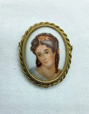 Vintage Gold Framed Limoges France Brunette Lady Portrait Porcelain Oval Brooch • £10