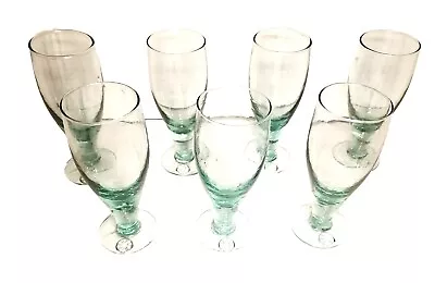 Vintage Hand Blown Perrier Green Water Goblets 8 Oz. Art Glass Set Of 7 W/Logos • $349.95