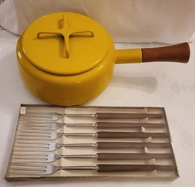 Vintage VG Dansk Købenstyle Yellow Enamel Sauce Pan/Fondue Pot &Lid W/6 Forks • $99.99