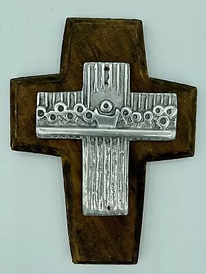 Vintage Mexican Folk Art Pewter & Wood Cross 9x7  Unsigned Arts & Crafts Mission • $14.99