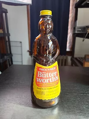 MRS. BUTTERWORTH'S  Glass Syrup Bottle 24 Oz 10  Tall W Metal Cap & Paper Label • $13.95