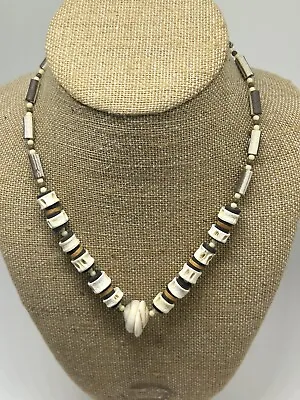 Vintage Shell & Fish Vertebrae Clay Bead Necklace Surfer Beach 16 Inches • $28