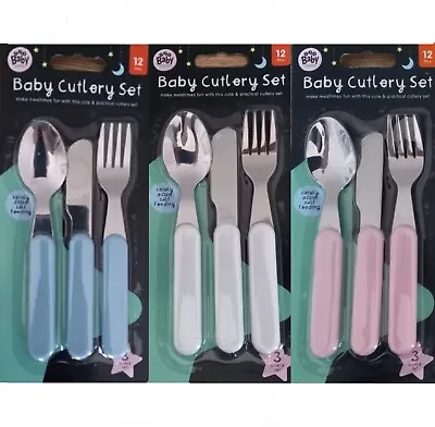 3pc Baby Cutlery Set Knife Fork Spoon Toddler Feeding Blue Pink White 12m+ • £2.99