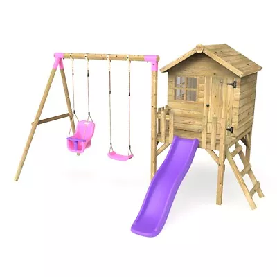 £849.95 • Buy Rebo Orchard 4FT X 4FT Wooden Playhouse + Swings, 900mm Deck & 6FT Slide - Luna 