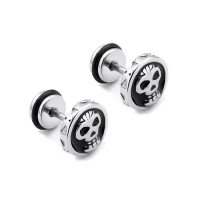 Mens Punk Gothic Black Silver Skull Screw Back Stud Earrings Stainless Steel • $9.99