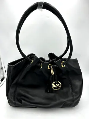 Michael Kors Ring Tote Purse Bag Black Pebbled Leather Tassel Gold Tone Charm • $49.99