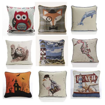 Tapestry Cushion Cover 18 X18  Seaside Owl Cat Fox Square Decor Bed Sofa Pillows • £8.99
