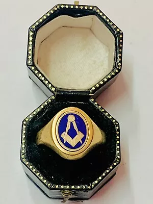  Vintage 9ct Gold & Blue Enamel Masonic Swivel Signet Ring  Size U Heavy 4.2g • £94