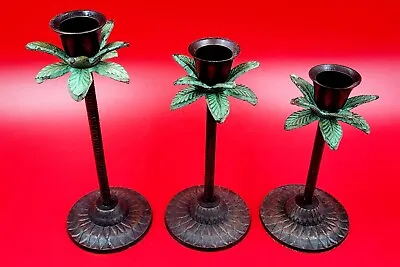  Tropical Brass Green Palm Tree Candle Stick Holders Hawaiian Beach 3 Vintage  • $15.50