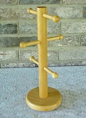 Vintage Wood Mug Tree Stand Holder Rack 6 Arms Round Base 14  Tall Pomerantz • $15.19