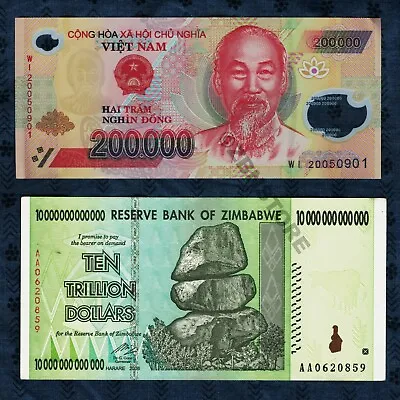 200000 Vietnam Dong Polymer UNC + 10 Trillion Zimbabwe Dollars Banknote AA 2008 • $48