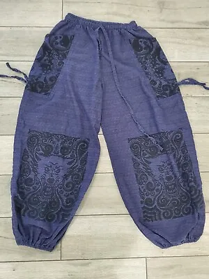 Purple Elastic Waist & Ankle Hippie Boho Baggy Wide Leg Harem Pants Pockets SM • $25
