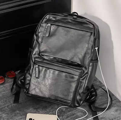 Fashion Men Leather School Backpack Waterproof Laptop Travel Bag USB Charge SD • $29.89