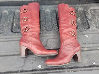 FRYE Fiona 3 Strap Ring Maroon Womens Sz 8.5 M Leather Tall Pull On Heel Boots • $60