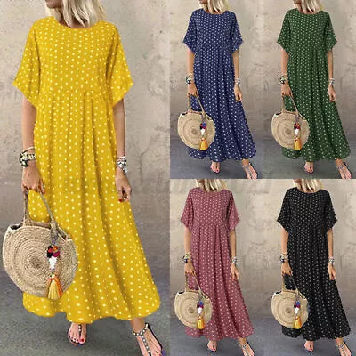 £11.59 • Buy Womens Short Sleeve Polka Dot Long Dress Ladies Baggy Kaftan Maxi Dress Sundress