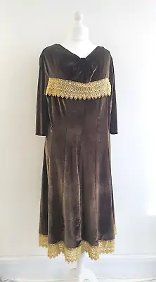 Cotton Traders Vintage Velvet Dress Size 26 Brown With Gold Trim Midi 70s Style • £18
