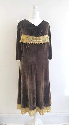 Cotton Traders Vintage Velvet Dress Size 26 Brown With Gold Trim Midi 70s Style • £18