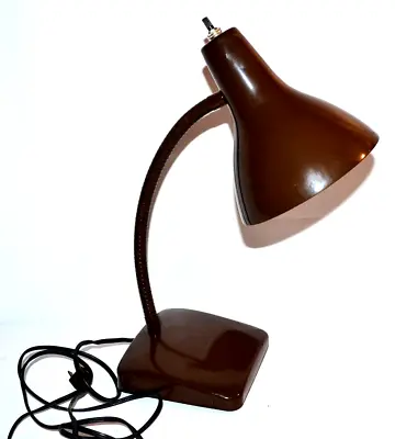 Vtg  MCM  Gooseneck Desk Table Lamp Light Retro Atomic Brown Metal • $40.50