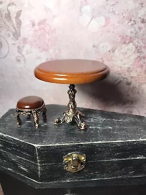 Dollhouse Miniature Table And Stool ~ Wooden Tops Metal Bottoms • $18.95