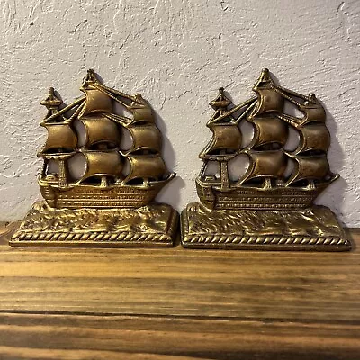 Pair Of Heavy Metal Ship Bookends Galleons Sails Nautical Marked 5 1/2” Vtg • $19.20