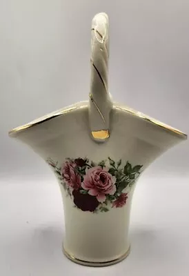 Formalities By Baum Bros Roses Porcelain Basket Vase Handle Gold Accents Perfect • $15.99