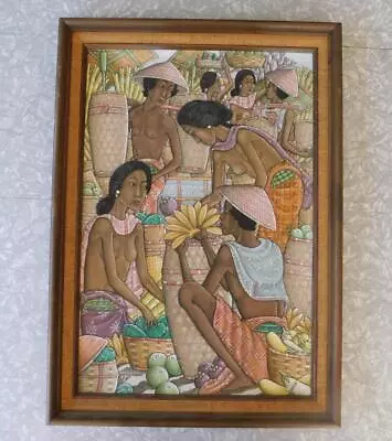 DW Md Bawa Signed Original Painting Ubud Marketplace Bali 1970s 19½ X 27½  Vtg • $435