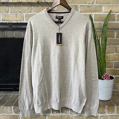 NWT Johnston & Murphy Mens Pima Cotton V Neck Sweater Oatmeal Beige Size XL • $25