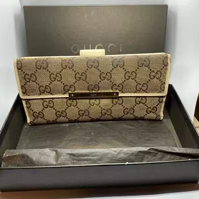 Authentic Gucci Long Canvas & Leather Designer Wallet W/ Original Box *FLAWS* • $89.67