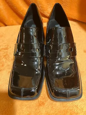 ZARA Black Faux Patent Leather Square Toe Chunky Heeled Loafers Size 41 EU • $49.99